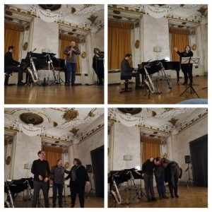 Devet jazz band plays live in AltenRathaus in Vienna. Piano, Sax and vocals